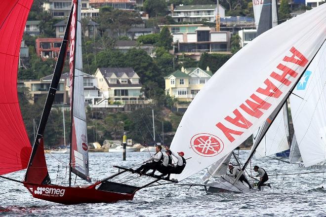 A close moment for the Yamaha crew - JJ Giltinan 18ft Skiff Championship © Frank Quealey /Australian 18 Footers League http://www.18footers.com.au